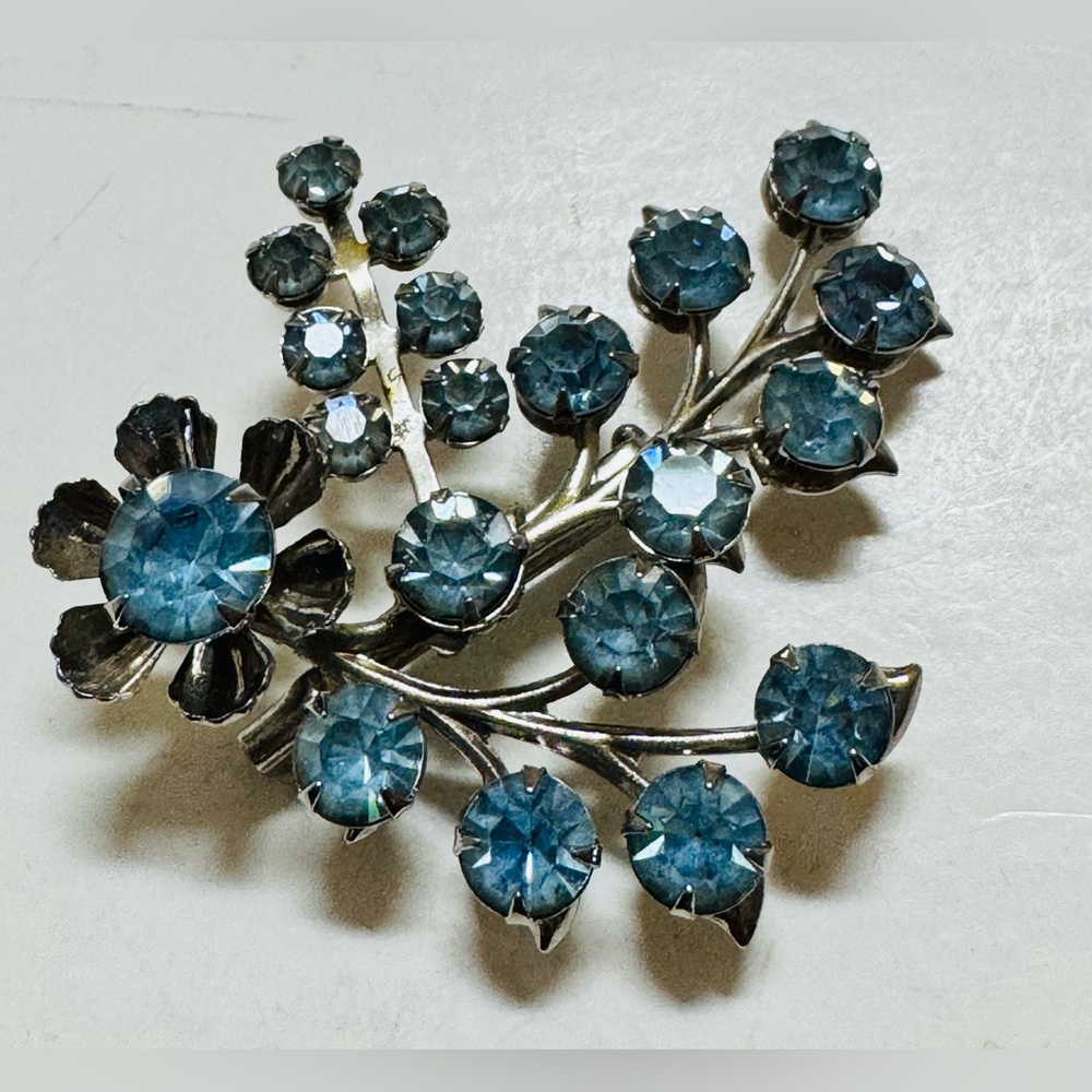 Blue Rhinestone Floral Brooch - Silver Tone